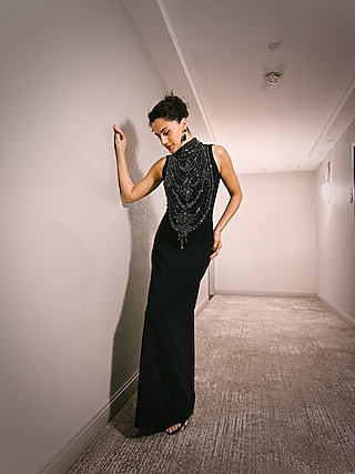 Navy Blue Scuba Georgette Embroidered Gown by Mala and Kinnary