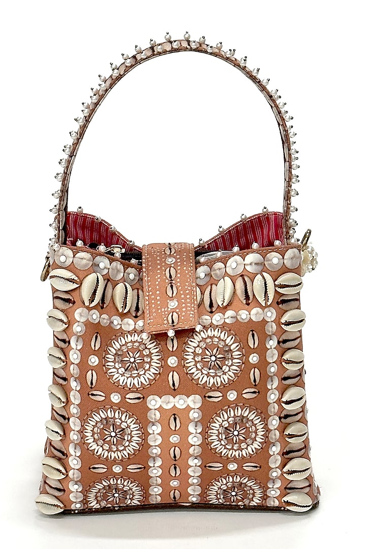Beige Cotton Canvas Cowrie Shell Printed & Embroidered Bucket Bag by The Garnish Company