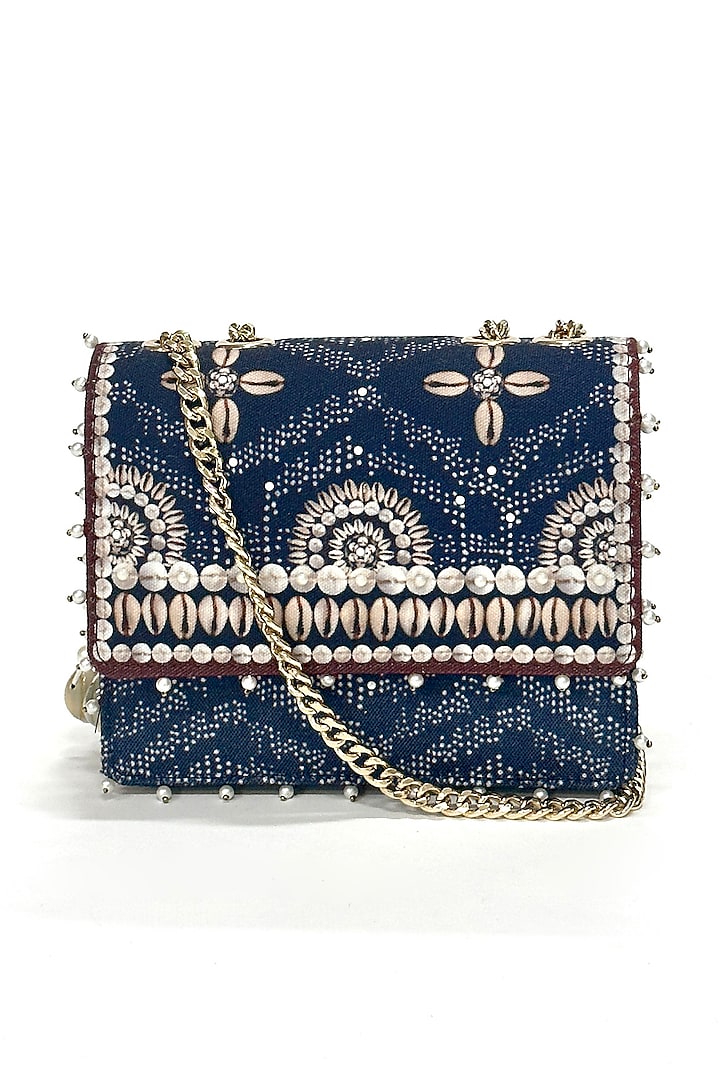 Blue Cotton Canvas Printed & Pearl Sling Bag by The Garnish Company