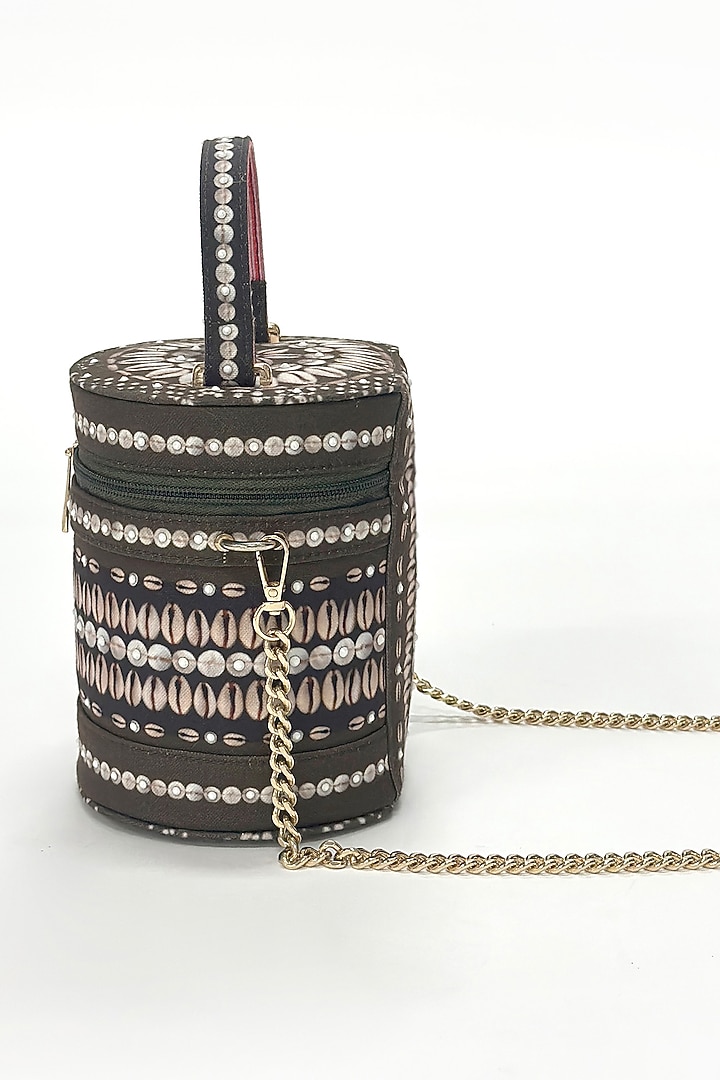 Green Cotton Canvas Printed Cylinder Bag by The Garnish Company at Pernia's Pop Up Shop