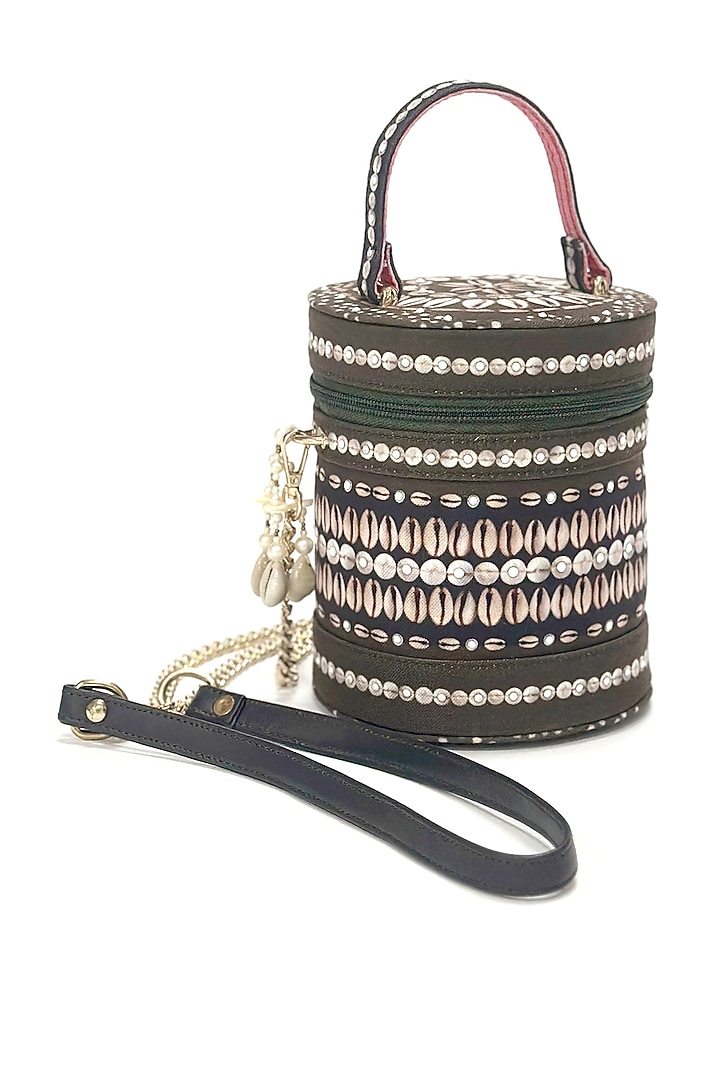 Green Cotton Canvas Printed Cylinder Bag by The Garnish Company at Pernia's Pop Up Shop