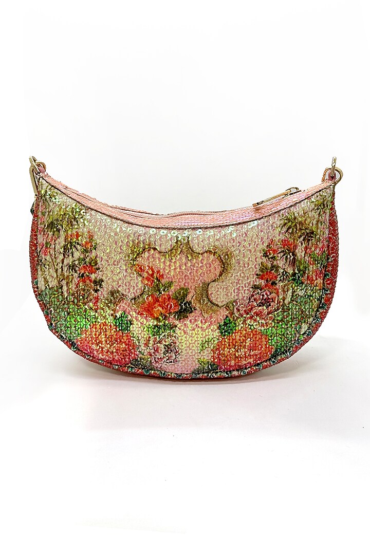 White Sequins Printed Crescent Dual Sling Bag by The Garnish Company at Pernia's Pop Up Shop