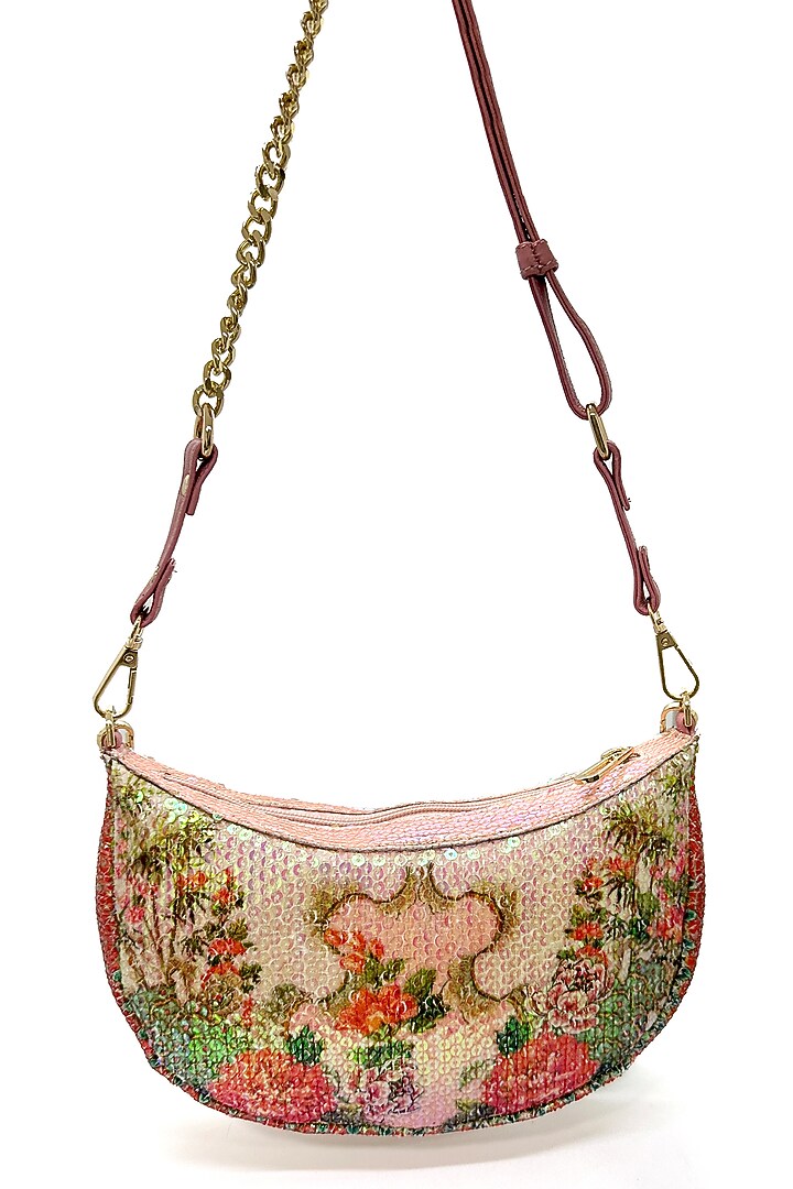 White Sequins Printed Crescent Dual Sling Bag by The Garnish Company at Pernia's Pop Up Shop