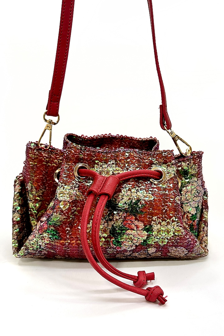 Red Sequins Printed Drawstring Bag by The Garnish Company