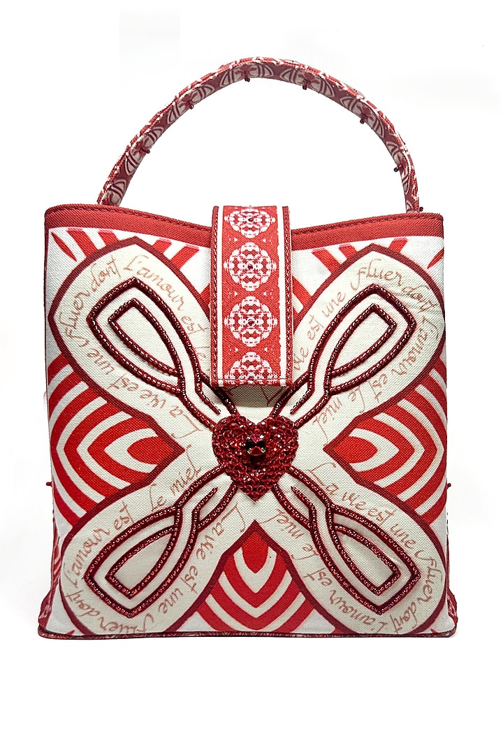 Red Cotton Canvas Crystal Heart Work Bucket Bag by The Garnish Company