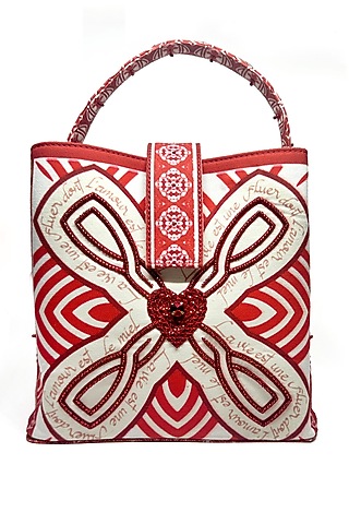 Red Cotton Canvas Crystal Heart Work Bucket Bag by The Garnish Company