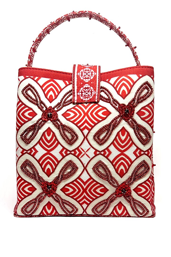 Red Cotton Canvas Crystal Heart Work Bucket Bag by The Garnish Company at Pernia's Pop Up Shop