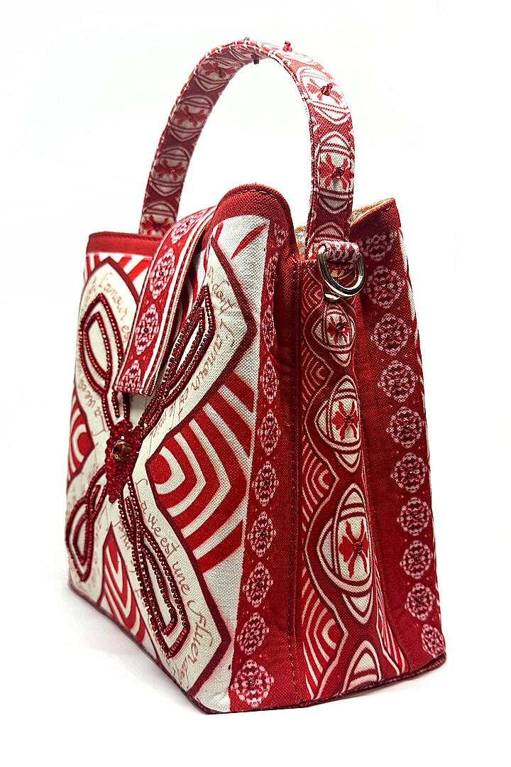 Red Cotton Canvas Crystal Heart Work Bucket Bag by The Garnish Company at Pernia's Pop Up Shop
