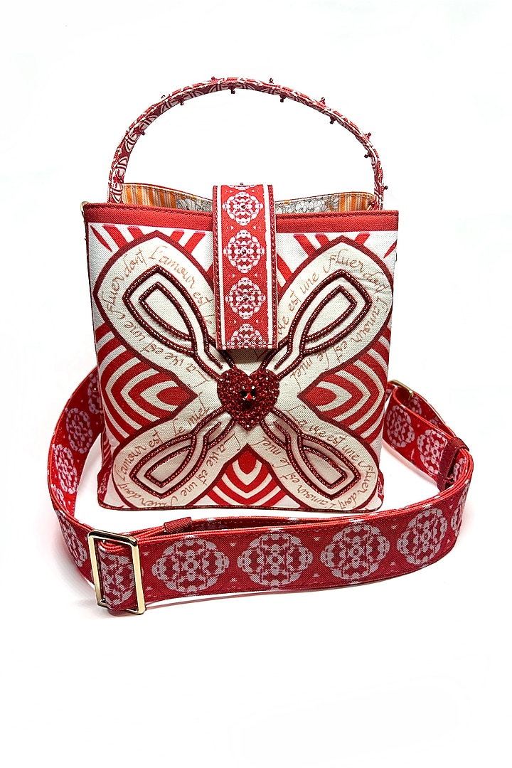 Red Cotton Canvas Crystal Heart Work Bucket Bag by The Garnish Company at Pernia's Pop Up Shop