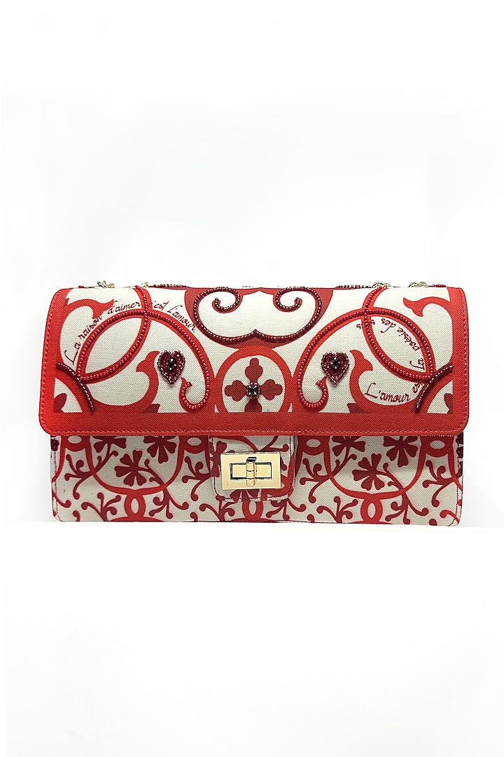 Red Cotton Canvas Crystal Work Sling Bag by The Garnish Company