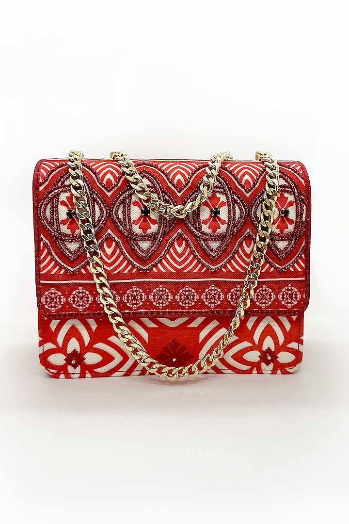 Red Cotton Canvas Monochromatic Tile Printed Sling Bag by The Garnish Company