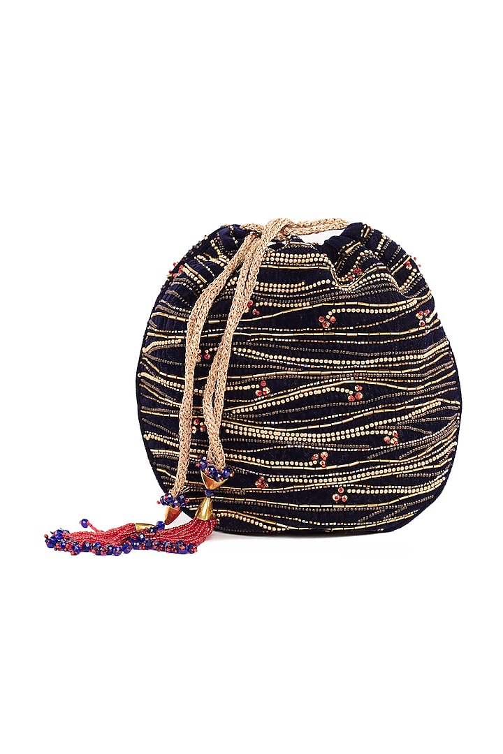 Navy Blue Embroidered Circular Potli Bag by The Garnish Company