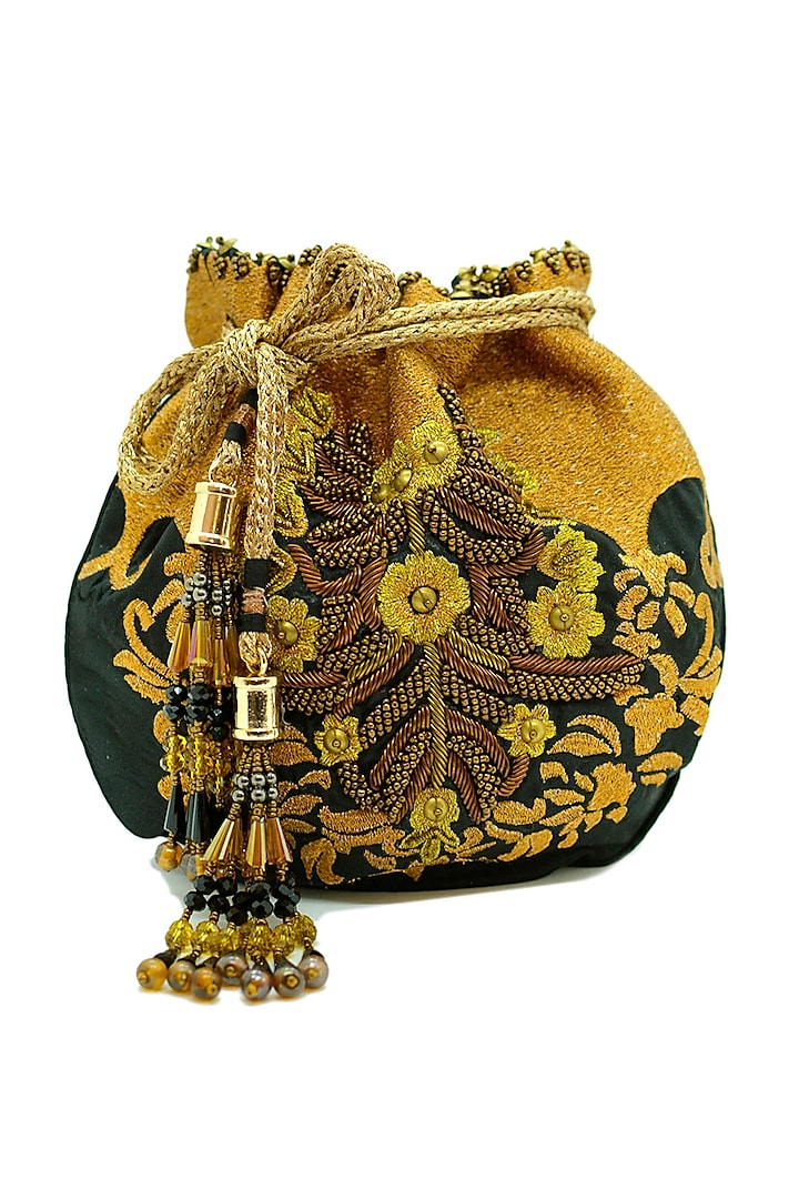 Black Embroidered Circular Potli Bag by The Garnish Company