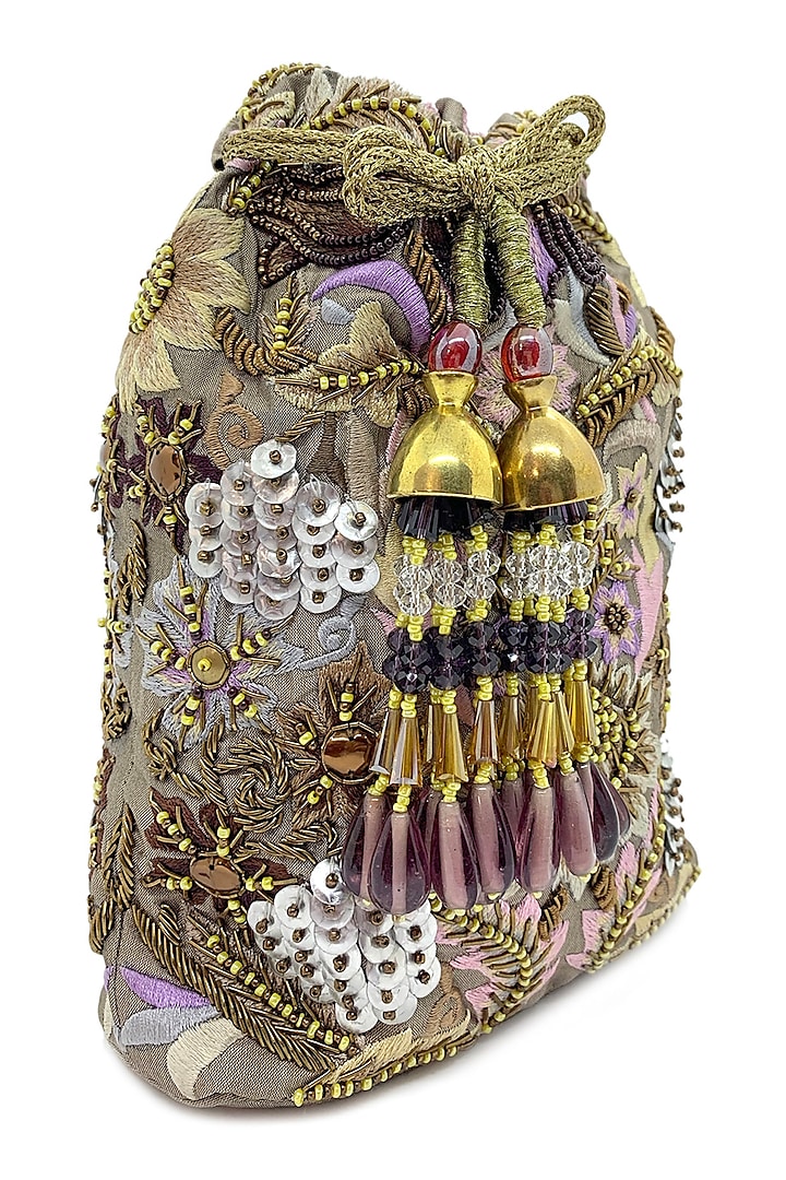 Taupe Embroidered Rectangular Potli Bag by The Garnish Company