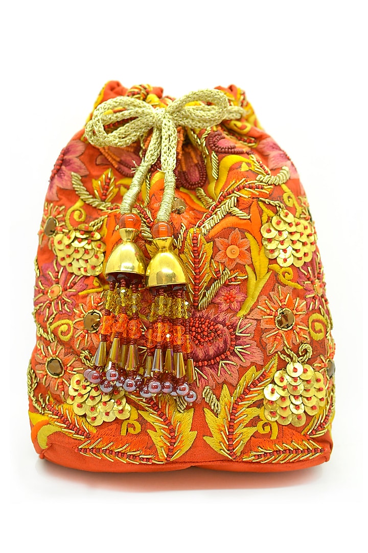 Orange Embroidered Rectangular Potli Bag by The Garnish Company