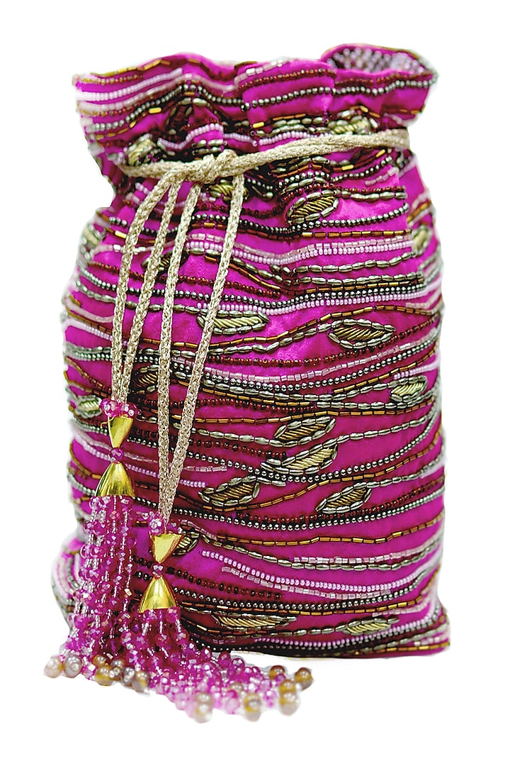 Fuchsia Embroidered Rectangular Potli Bag by The Garnish Company
