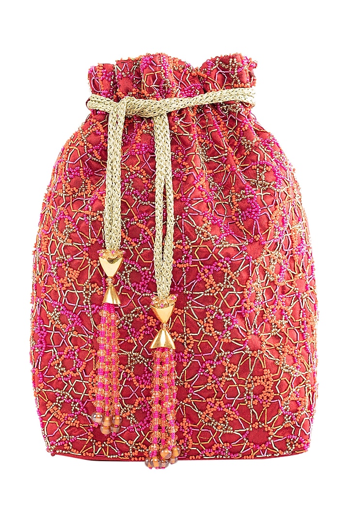 Red Embroidered Rectangular Potli Bag by The Garnish Company