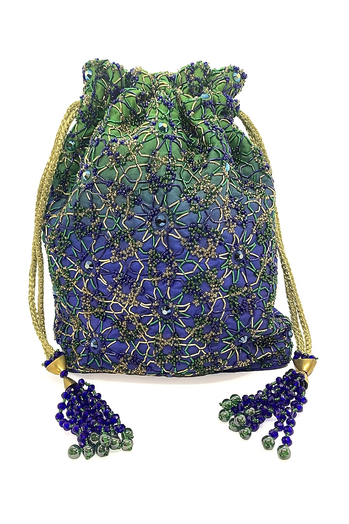 Indigo & Green Embroidered Potli Bag by The Garnish Company