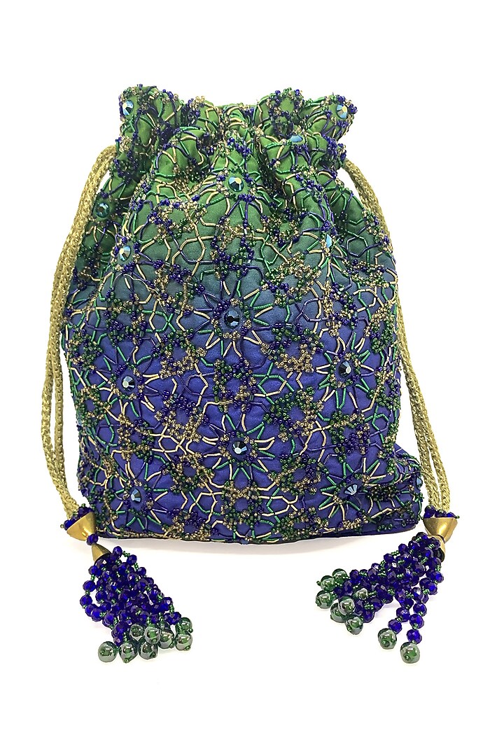 Indigo & Green Embroidered Potli Bag by The Garnish Company at Pernia's Pop Up Shop