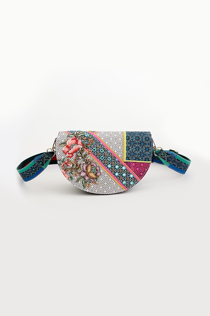 Multi-colored Cotton Canvas Printed & Embroidered Crescent Sling Bag by The Garnish Company