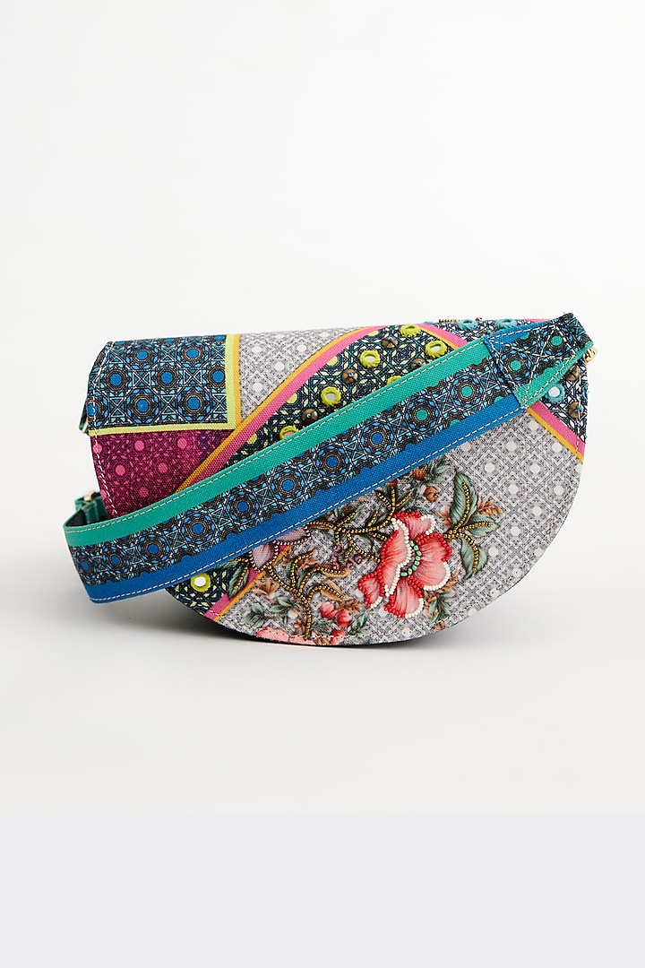 Multi-colored Cotton Canvas Printed & Embroidered Crescent Sling Bag by The Garnish Company at Pernia's Pop Up Shop