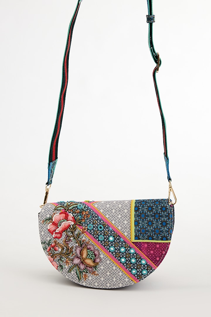 Multi-colored Cotton Canvas Printed & Embroidered Crescent Sling Bag by The Garnish Company at Pernia's Pop Up Shop