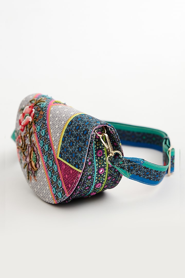 Multi-colored Cotton Canvas Printed & Embroidered Crescent Sling Bag by The Garnish Company at Pernia's Pop Up Shop