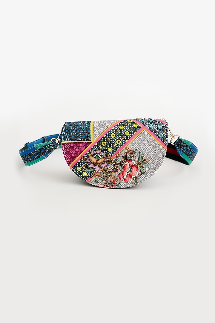 Multi-colored Cotton Canvas Printed & Embroidered Crescent Sling Bag by The Garnish Company at Pernia's Pop Up Shop