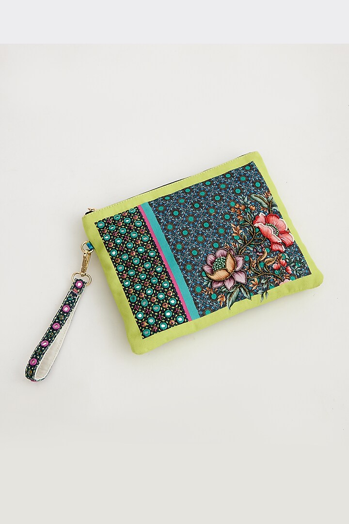 Lime Green Cotton Canvas Printed Wristlet by The Garnish Company at Pernia's Pop Up Shop
