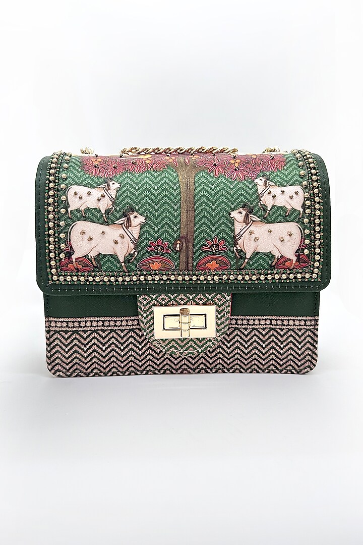 Green Cotton Canvas Printed Handbag by The Garnish Company