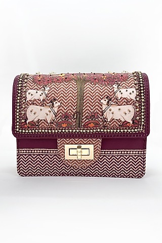 Maroon Cotton Canvas Printed Handbag by The Garnish Company