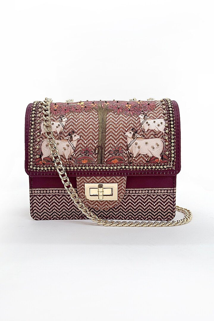 Maroon Cotton Canvas Printed Handbag by The Garnish Company at Pernia's Pop Up Shop
