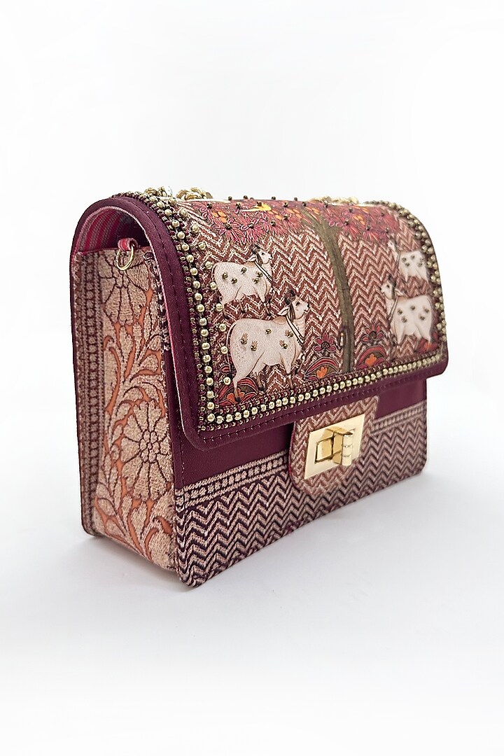 Maroon Cotton Canvas Printed Handbag by The Garnish Company at Pernia's Pop Up Shop