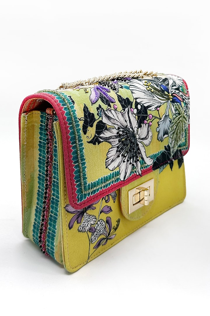 Lime Green Cotton Canvas Printed Sling Bag by The Garnish Company at Pernia's Pop Up Shop