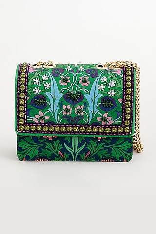 Green Cotton Canvas Printed & Embroidered Sling Bag by The Garnish Company