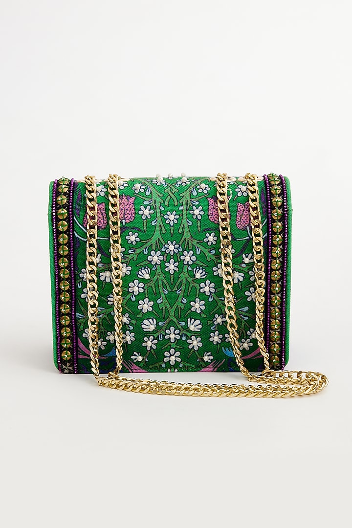 Green Cotton Canvas Printed & Embroidered Sling Bag by The Garnish Company at Pernia's Pop Up Shop