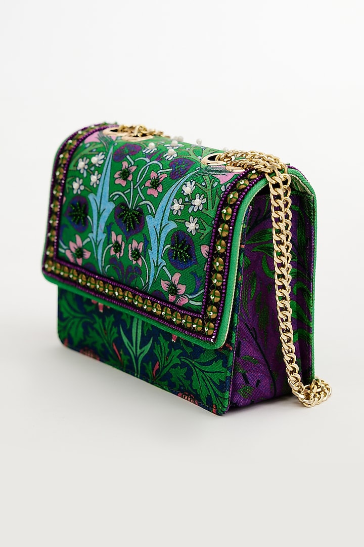 Green Cotton Canvas Printed & Embroidered Sling Bag by The Garnish Company at Pernia's Pop Up Shop