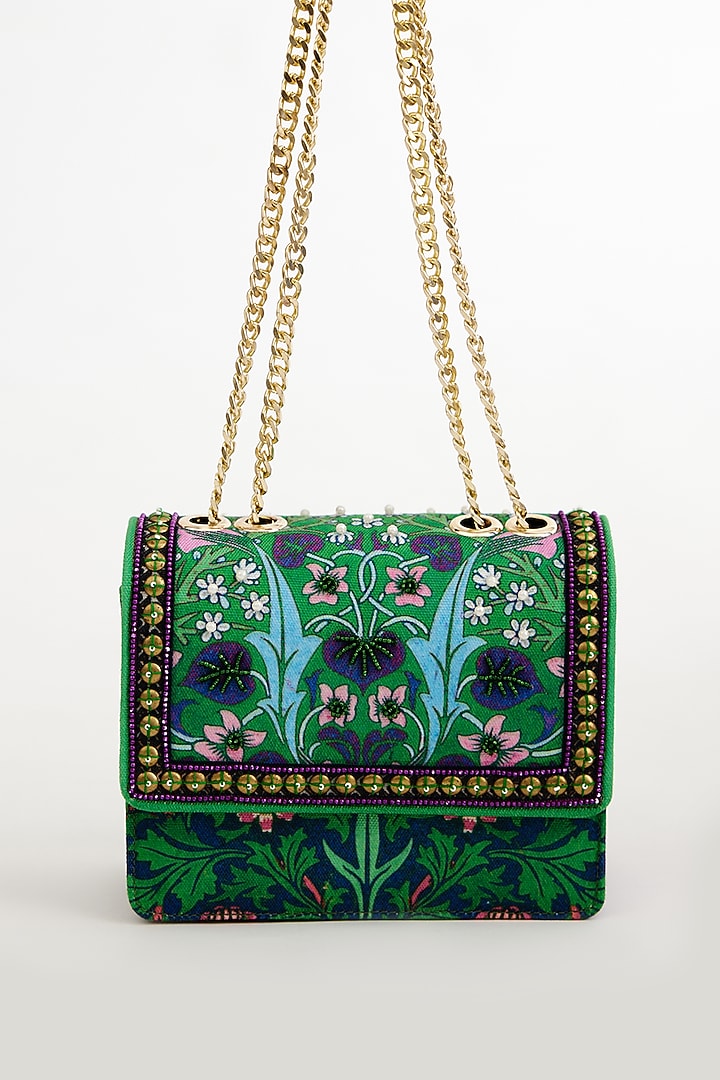 Green Cotton Canvas Printed & Embroidered Sling Bag by The Garnish Company at Pernia's Pop Up Shop