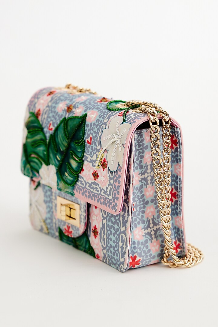 Pink & Green Cotton Canvas Printed Sling Bag by The Garnish Company at Pernia's Pop Up Shop