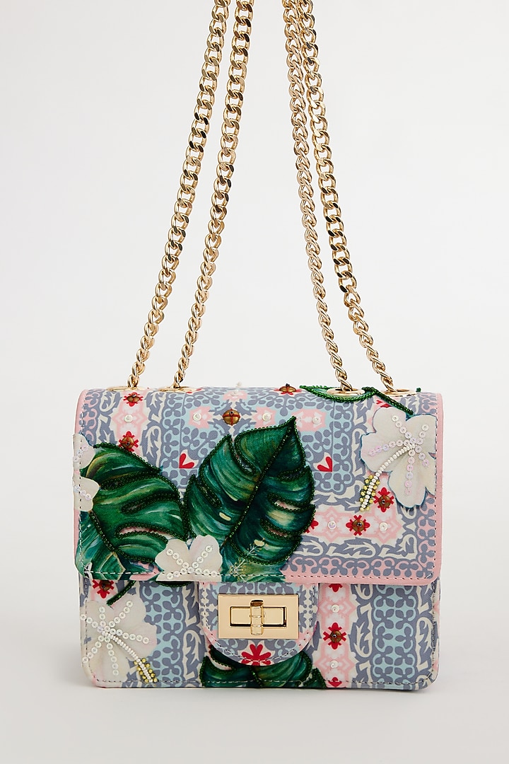 Pink & Green Cotton Canvas Printed Sling Bag by The Garnish Company at Pernia's Pop Up Shop