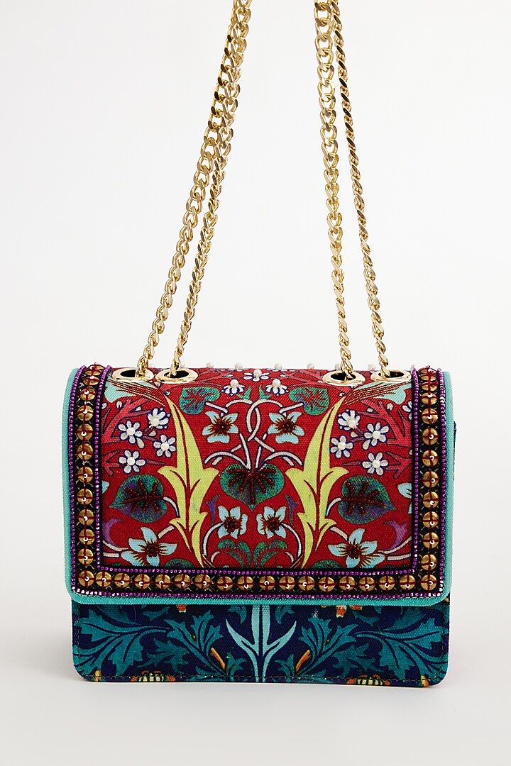 Multi-Colored Cotton Canvas Printed & Embroidered Sling Bag by The Garnish Company at Pernia's Pop Up Shop