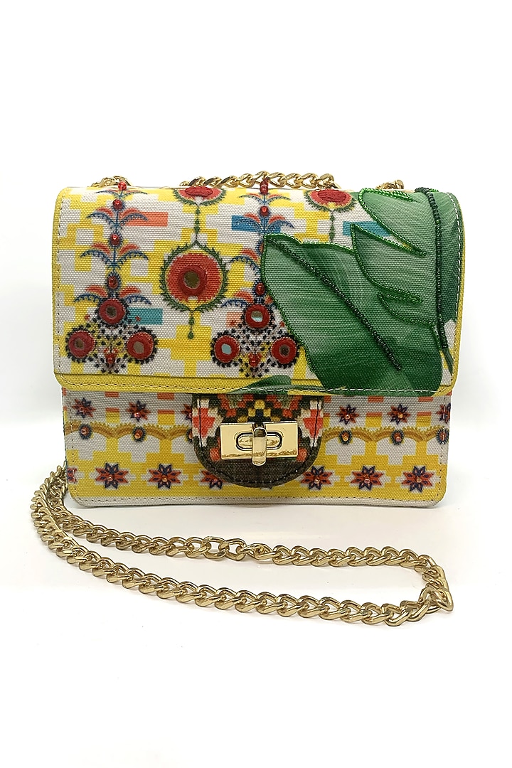 Yellow Printed & Embroidered Sling Bag by The Garnish Company at Pernia's Pop Up Shop
