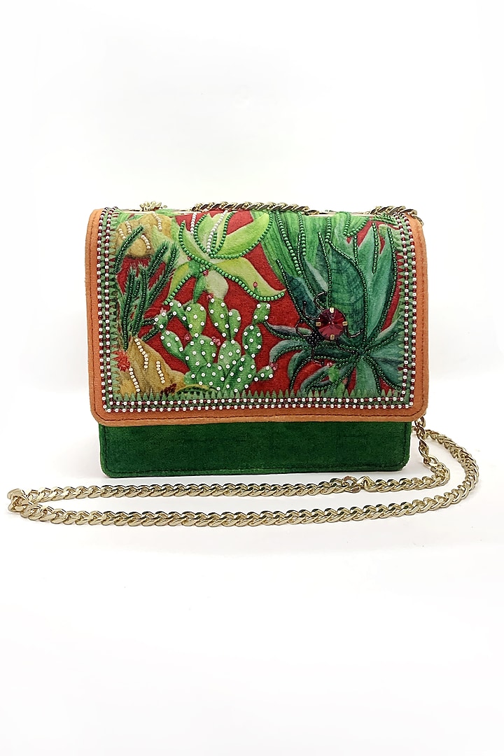 Green Printed & Embroidered Sling Bag by The Garnish Company
