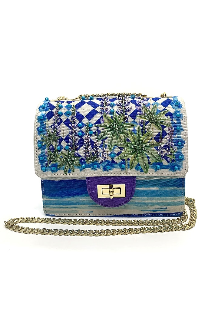 Azure Printed & Embroidered Sling Bag by The Garnish Company at Pernia's Pop Up Shop