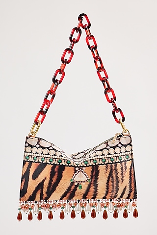 Brown Satin Pearl & Bead Embellished Handbag by The Garnish Company