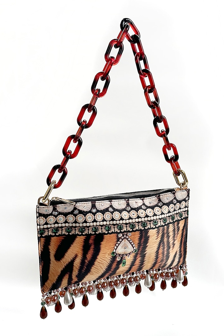 Brown Satin Pearl & Bead Embellished Handbag by The Garnish Company at Pernia's Pop Up Shop