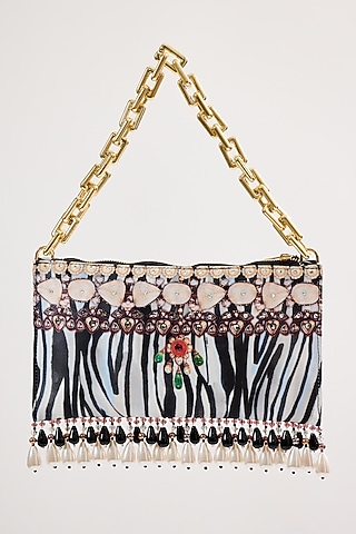 Black & White Satin Pearl & Bead Embellished Handbag by The Garnish Company