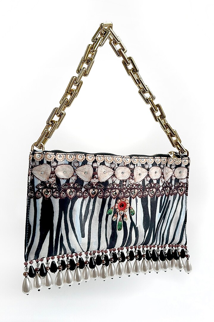 Black & White Satin Pearl & Bead Embellished Handbag by The Garnish Company at Pernia's Pop Up Shop