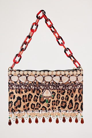 Brown Satin Pearl & Bead Embellished Handbag by The Garnish Company