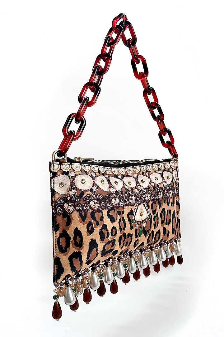 Brown Satin Pearl & Bead Embellished Handbag by The Garnish Company at Pernia's Pop Up Shop